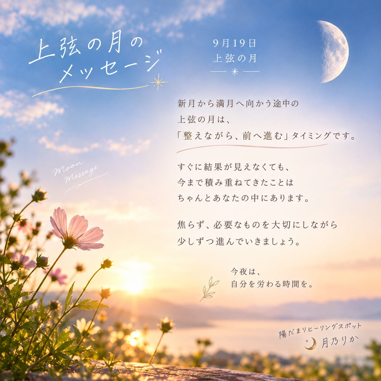 本日9月19日は、上弦の月です🌙